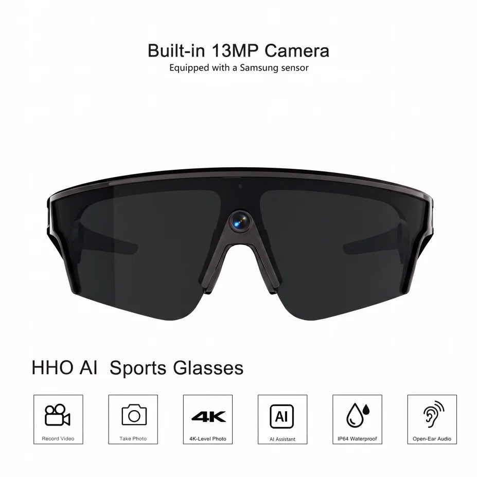 HHO AI Sports Glasses| 13MP Camera, Open-Ear Audio, Real-Time Translation, IP64 Waterproof