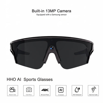 HHO AI Sports Glasses| 13MP Camera, Open-Ear Audio, Real-Time Translation, IP64 Waterproof